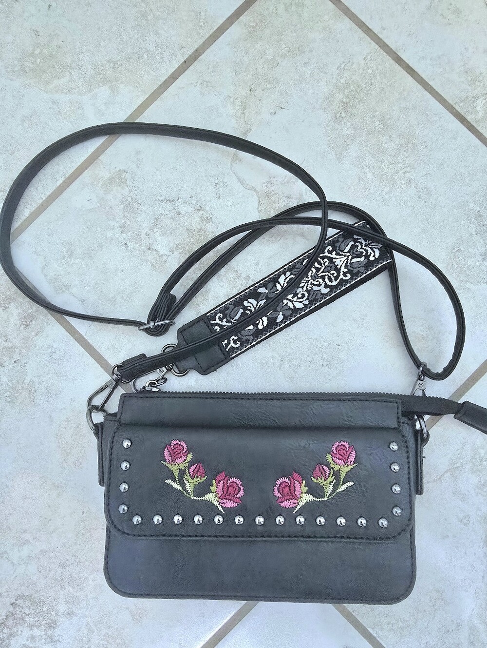 Black Crossbody Bag with Pink Rose Embroidery and Stud Detail